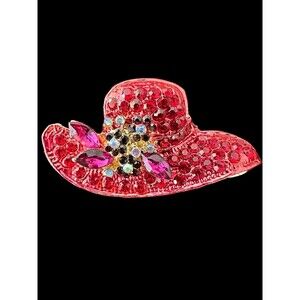 Red Hat Fashion Pin Pendant Cluster Pink Rhinestones Brooch Gold Tone Pendant